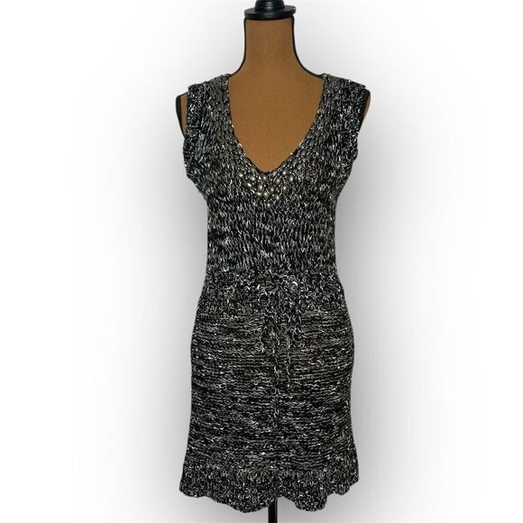 BCBGMaxazria Black Gray Beaded Loose Knit Beachy Sweater Dress Women’s Medium
